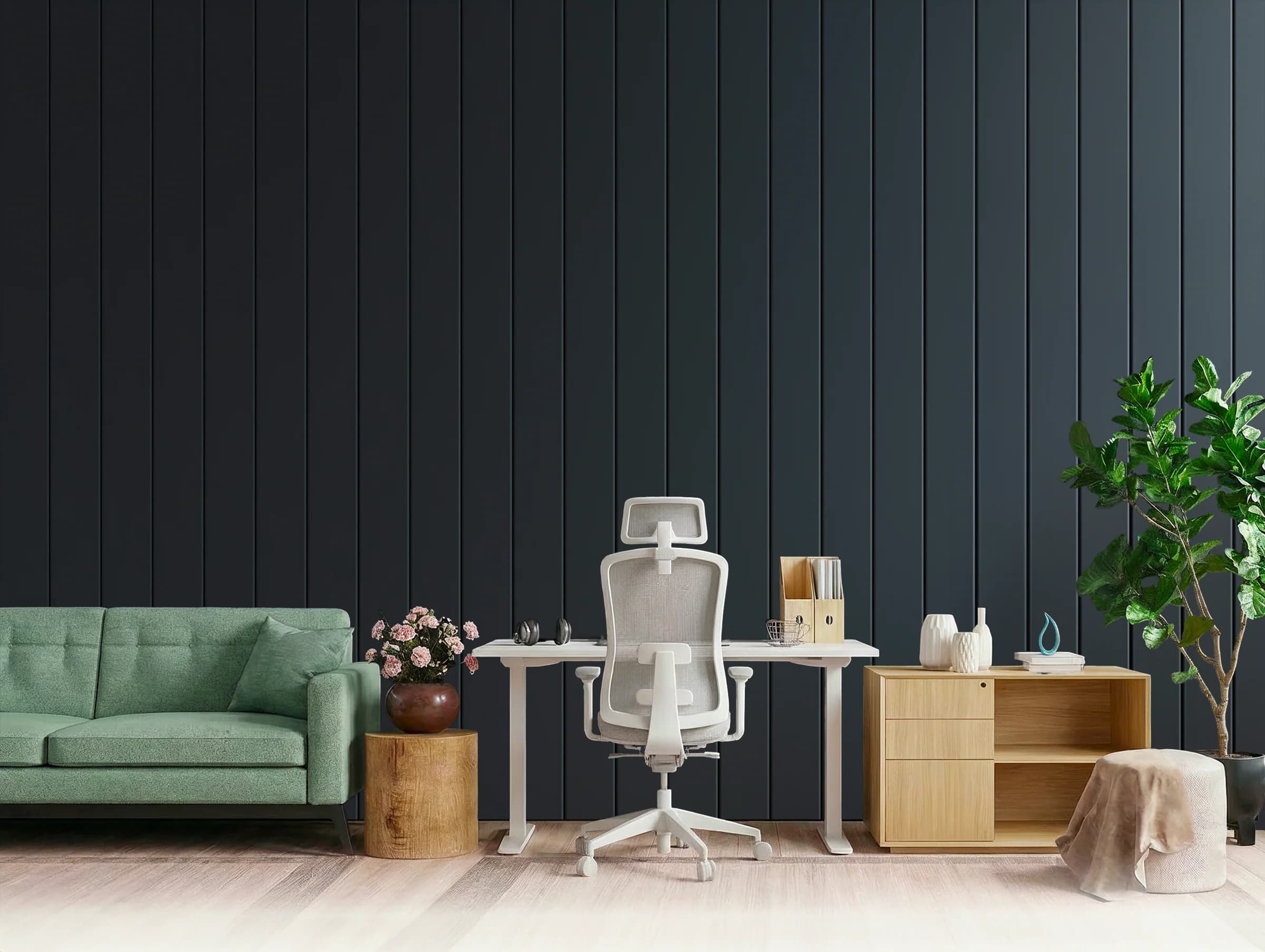Modern workspace with a desk, ergonomic chair, shelves and storage cabinet