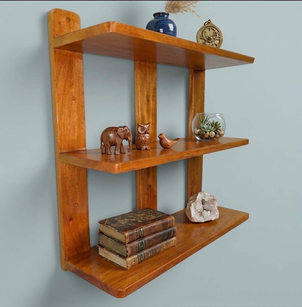 Three-tier natural wood wall shelf with a solid back rail