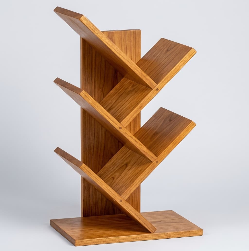 Free-standing walnut tree bookshelf with angled branch shelves