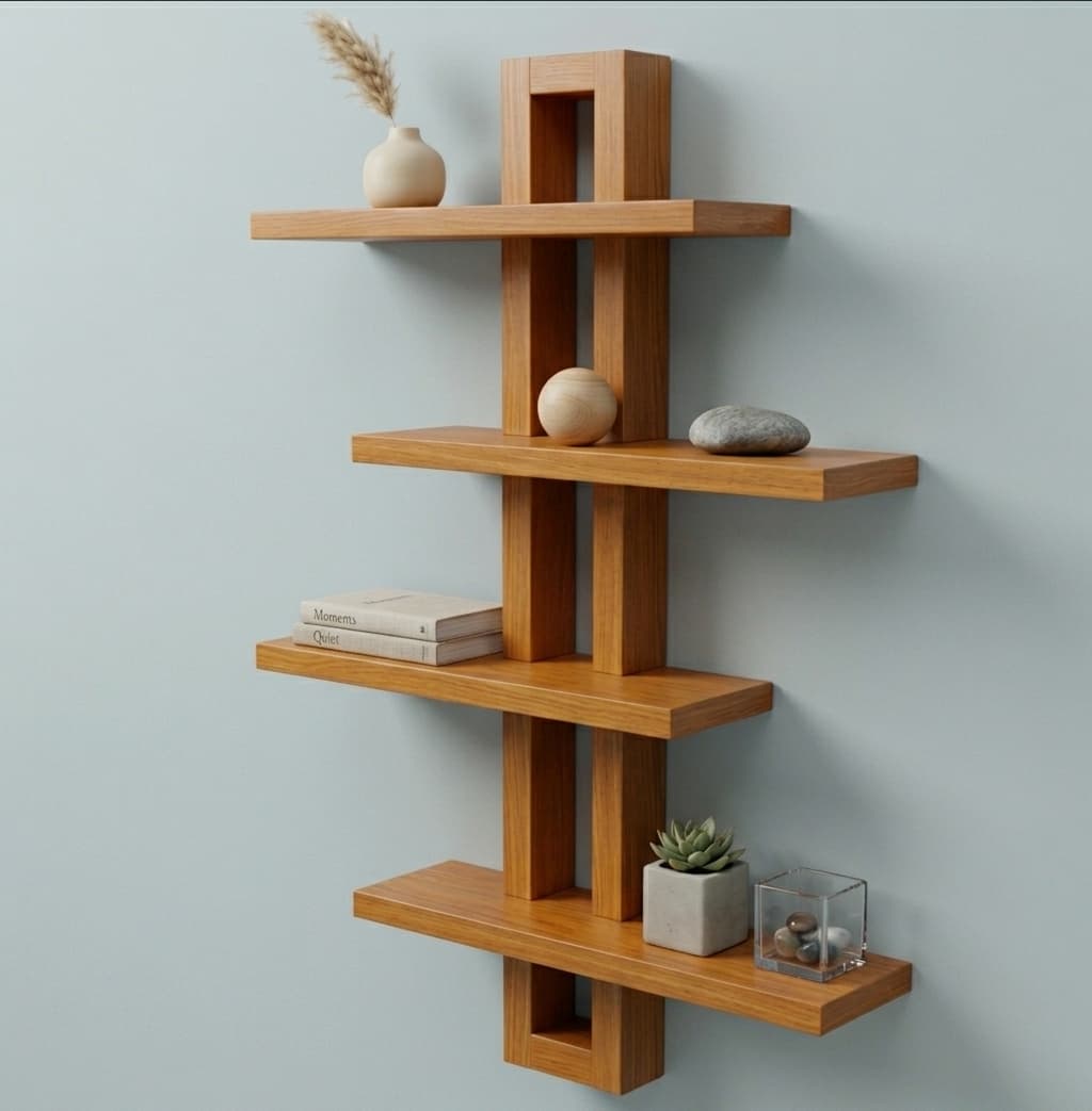 Teak-finish wall shelf with four planks alternating left and right along a slotted spine