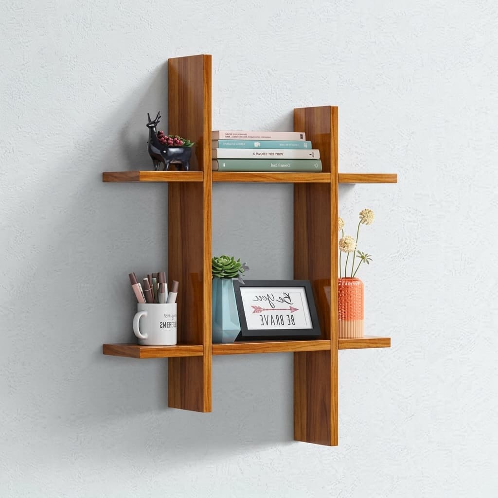 Walnut crossframe wall shelf with two uprights and two shelves forming an open grid