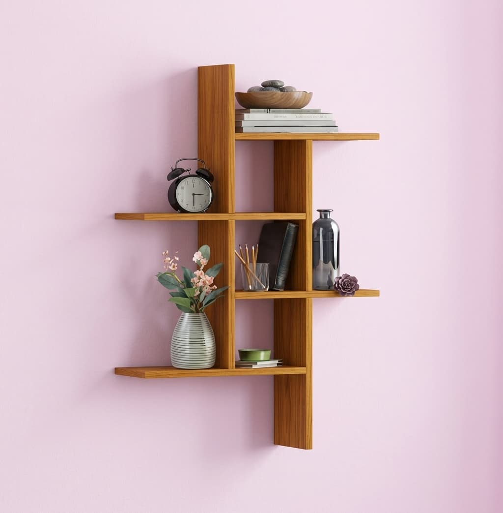 Walnut cascade wall shelf with three staggered tiers holding books, a vase and decor