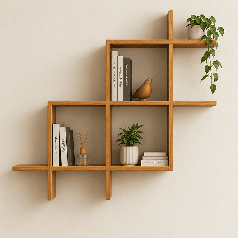 Oak wall shelf with three square cubes stepping diagonally, holding books, plants and a wooden bird