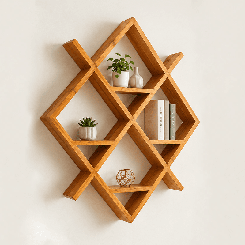 Teak-finish diamond lattice wall shelf with four cells holding plants, books and a brass ornament