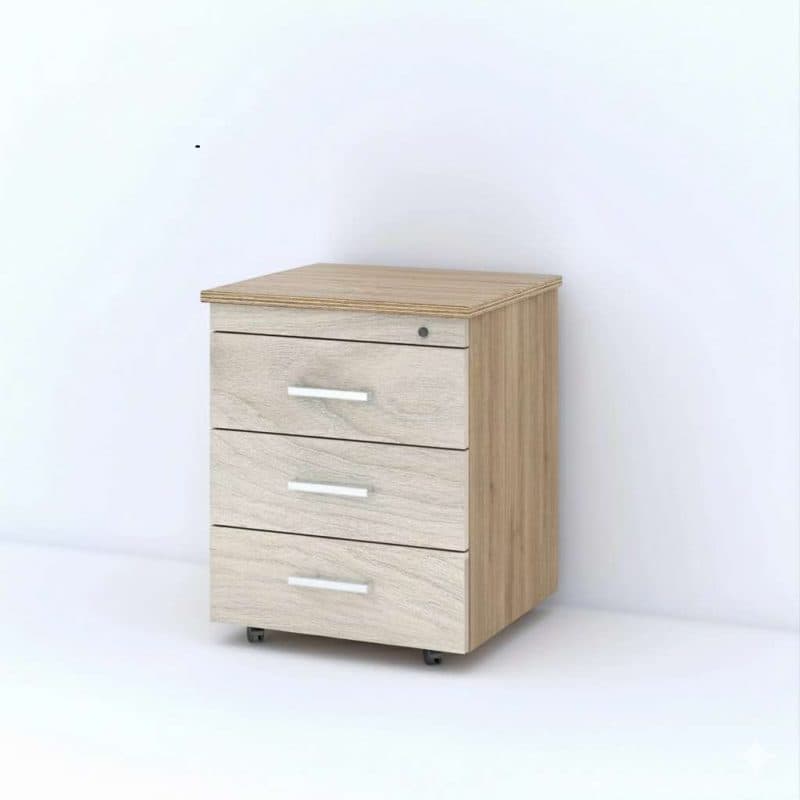 Light oak three-drawer mobile pedestal with white handles, a top-drawer lock and casters