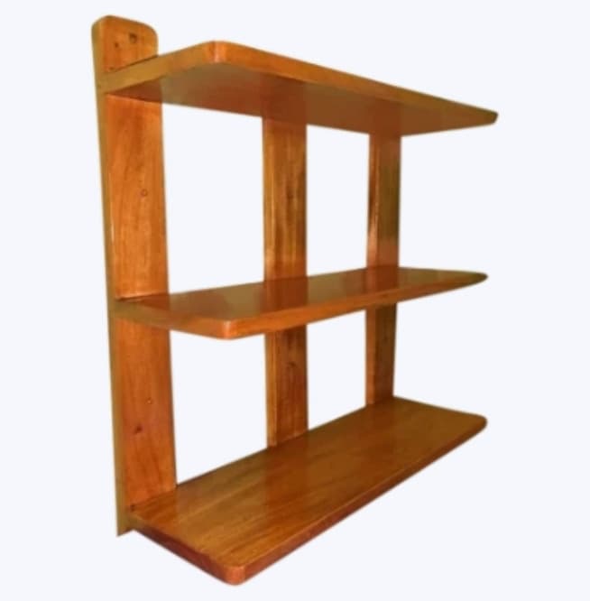 Three-tier natural wood wall shelf with a solid back rail