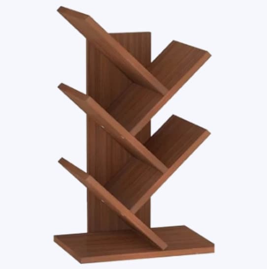Free-standing walnut tree bookshelf with angled branch shelves