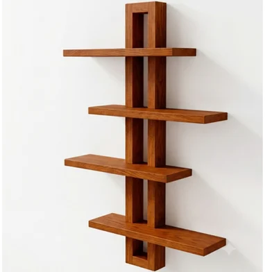 Teak-finish wall shelf with four planks alternating left and right along a slotted spine