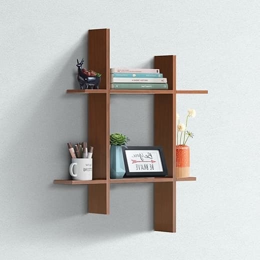 Walnut crossframe wall shelf with two uprights and two shelves forming an open grid